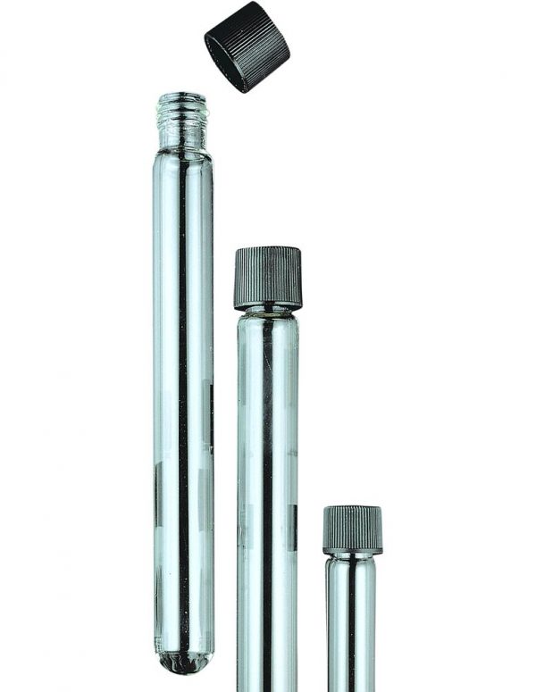 TUBE A CULTURE VERRE D. 25 X 200 MM AVEC BOUCHON VISSANT NOIR.